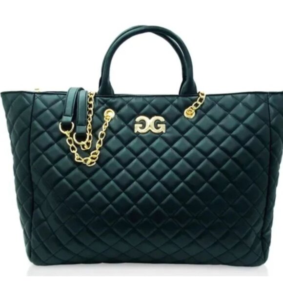 NWT Gilda Paris Quilted Vegan Leather LG 20x13 Tote Bag With Gold Chain Strap & - Picture 1 of 10